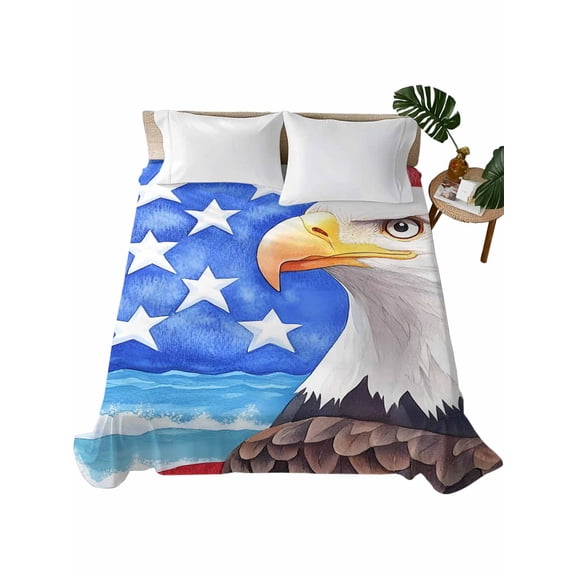 TwinSize Flat Sheet Only, American Flag Soft Brushed Microfiber Bed Sheets, Country Eagle Independence Day Blue Red Hotel Quality Breathable Bedding Top Sheet, Easy Care, 66"x96"