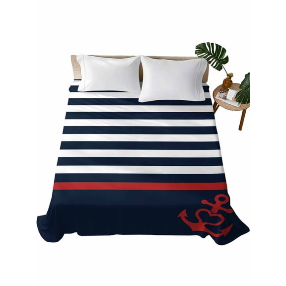 Twin Size Flat Sheet Only, Anchor Navy Blue Soft Brushed Microfiber Bed Sheets, Red Nautical White Geometric Stripes Hotel Quality Breathable Bedding Top Sheet, Easy Care, 66"x96"