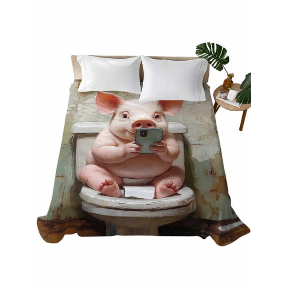 TwinSize Flat Sheet Only, Bathroom Pig Soft Brushed Microfiber Bed Sheets, Toilet Animals Vintage Hotel Quality Breathable Bedding Top Sheet, Easy Care, 66"x96"