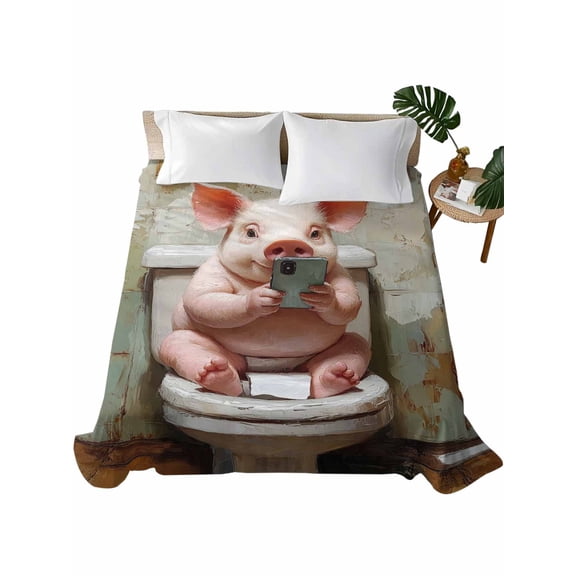 Twin XL Size Flat Sheet Only, Bathroom Pig Soft Brushed Microfiber Bed Sheets, Toilet Animals Vintage Hotel Quality Breathable Bedding Top Sheet, Easy Care, 66"x96"