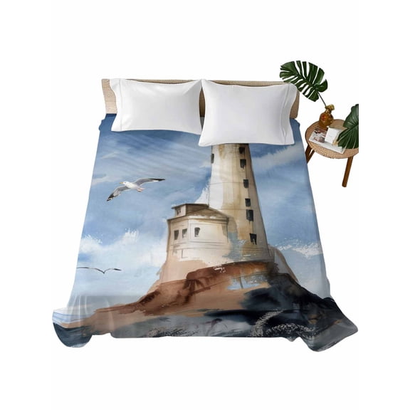 TwinSize Flat Sheet Only, Beach Lighthouse Soft Brushed Microfiber Bed Sheets, Coastal Ocean Sky Birds Oil Painting Hotel Quality Breathable Bedding Top Sheet, Easy Care, 66"x96"