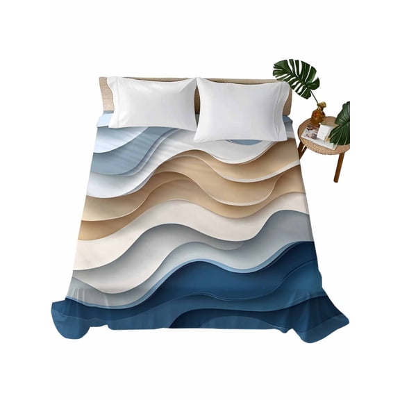 Twin Size Flat Sheet Only, Beige Blue Ombre Soft Brushed Microfiber Bed Sheets, Moire Abstract Artwork Hotel Quality Breathable Bedding Top Sheet, Easy Care, 66"x96"
