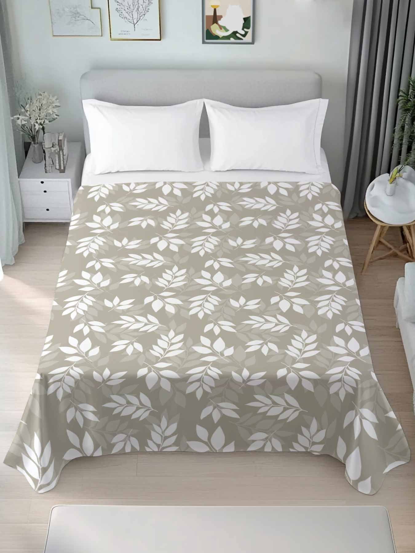 Twin Size Flat Sheet Only, Beige White Leaves Soft Brushed Microfiber ...