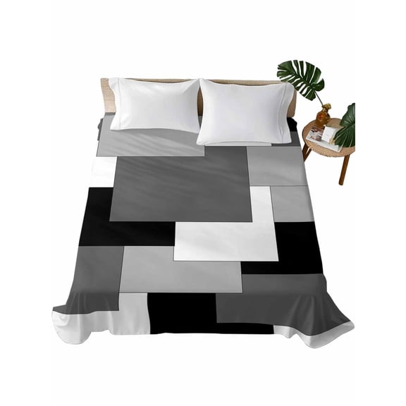 Twin Size Flat Sheet Only, Black Grey Soft Brushed Microfiber Bed Sheets, Middle Century Irregular Geo Abstract Art Hotel Quality Breathable Bedding Top Sheet, Easy Care, 66"x96"