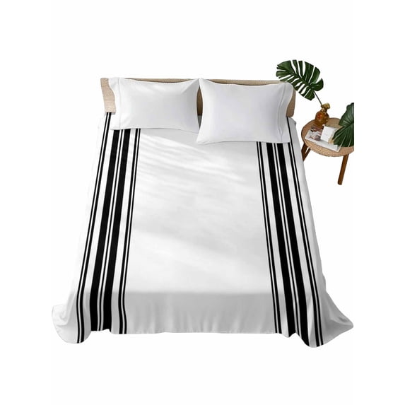 Twin Size Flat Sheet Only, Black White Stripe, Soft Brushed Microfiber Bed Sheets, Abstract Geometric Hotel Quality Breathable Bedding Top Sheet, Easy Care, 66"x96"