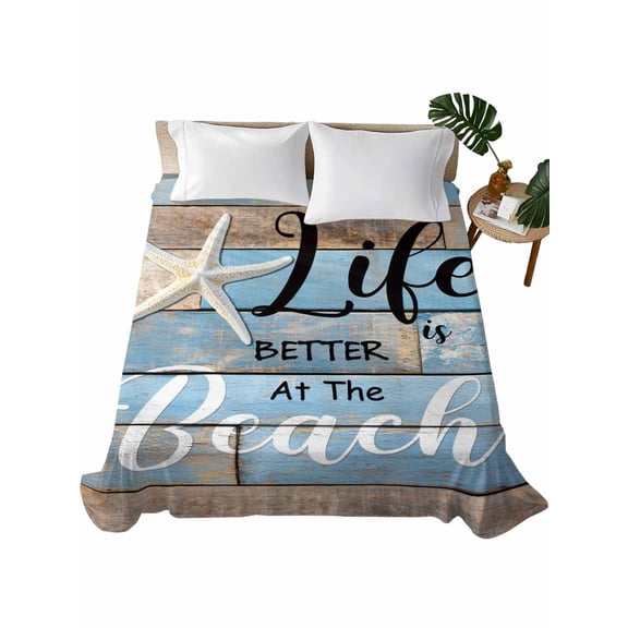 TwinSize Flat Sheet Only, Blue Beach Soft Brushed Microfiber Bed Sheets, Coastal Starfish Graffiti Retro Wooden Plank Hotel Quality Breathable Bedding Top Sheet, Easy Care, 66"x96"