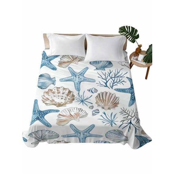 TwinSize Flat Sheet Only, Blue Beige Coastal Soft Brushed Microfiber Bed Sheets, Summer Beach Nautical Starfish Shell Hotel Quality Breathable Bedding Top Sheet, Easy Care, 66"x96"