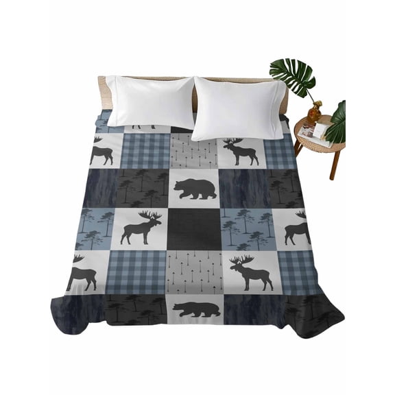 Twin Size Flat Sheet Only, Blue Cabin Check Soft Brushed Microfiber Bed Sheets, Rustic Bear Elk Farmhouse Buffalo Plaid Hotel Quality Breathable Bedding Top Sheet, Easy Care, 66"x96"