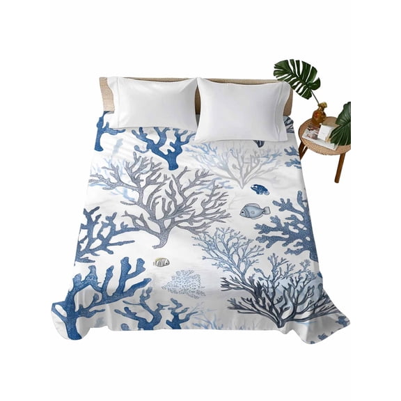 Twin XL Size Flat Sheet Only, Blue Coastal Soft Brushed Microfiber Bed Sheets, Summer Nautical Ocean Beach Coral Fish Hotel Quality Breathable Bedding Top Sheet, Easy Care, 66"x96"