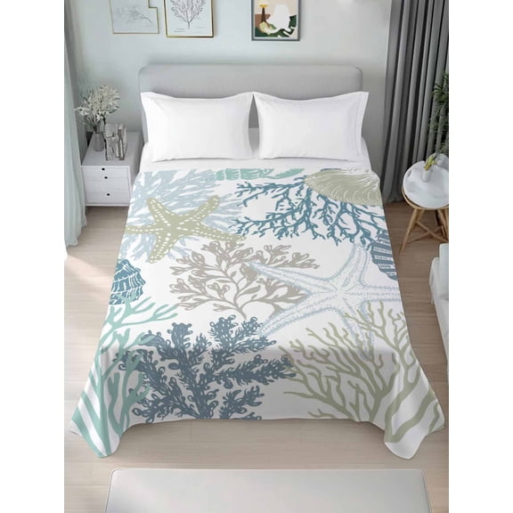 Twin Size Flat Sheet Only, Blue Coral Coastal Soft Brushed Microfiber Bed Sheets, Summer Beach Ocean Starfish Conch Hotel Quality Breathable Bedding Top Sheet, Easy Care, 66"x96"