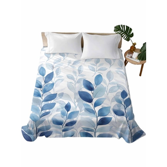 Twin Size Flat Sheet Only, Blue Leaf Soft Brushed Microfiber Bed Sheets, Watercolor Country Plant Monochrome Branch Hotel Quality Breathable Bedding Top Sheet, Easy Care, 66"x96"