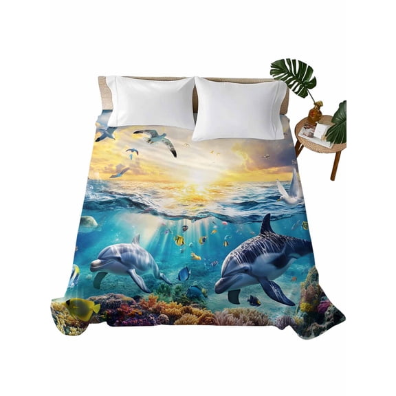 TwinSize Flat Sheet Only, Blue Ocean Turtle Soft Brushed Microfiber Bed Sheets, Dolphins Animals Coral Orange Sunlight Hotel Quality Breathable Bedding Top Sheet, Easy Care, 66"x96"