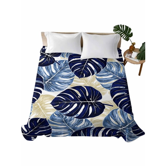 TwinSize Flat Sheet Only, Blue Palm Leaves Soft Brushed Microfiber Bed Sheets, Farmhouse Summer Beige Tropical Plants Hotel Quality Breathable Bedding Top Sheet, Easy Care, 66"x96"