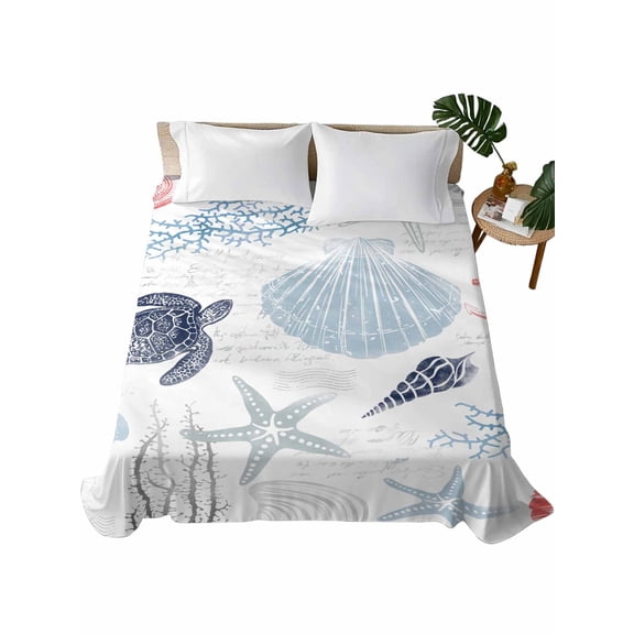 Twin Size Flat Sheet Only, Blue Red Coastal Nautical Soft Brushed Microfiber Bed Sheets, Beach Sea Turtle Ocean Coral Starfish Hotel Quality Breathable Bedding Top Sheet, Easy Care, 66"x96"