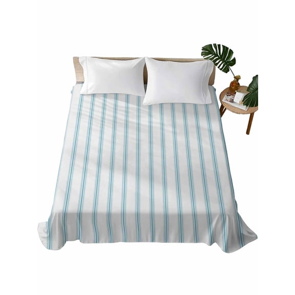 Twin XL Size Flat Sheet Only, Blue Striped Soft Brushed Microfiber Bed Sheets, Blue White Stripes Farmhouse Hotel Quality Breathable Bedding Top Sheet, Easy Care, 66"x96"