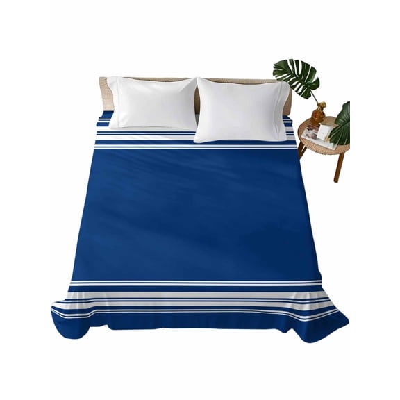 Twin XL Size Flat Sheet Only, Blue Striped Soft Brushed Microfiber Bed Sheets, Farmhouse Blue White Stripes Hotel Quality Breathable Bedding Top Sheet, Easy Care, 66"x96"