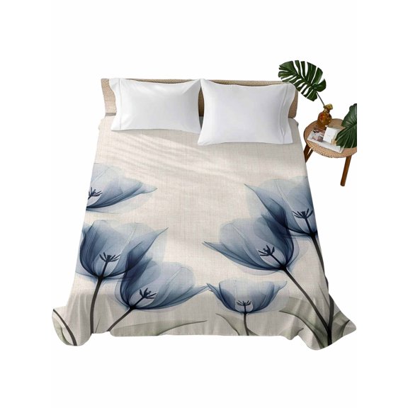 Twin XL Size Flat Sheet Only, Blue Tulip Soft Brushed Microfiber Bed Sheets, Spring Floral Rustic Summer Botanical Hotel Quality Breathable Bedding Top Sheet, Easy Care, 66"x96"