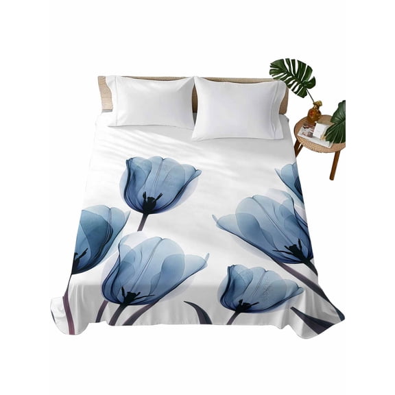 Twin XL Size Flat Sheet Only, Blue Tulip Soft Brushed Microfiber Bed Sheets, Spring Pastoral Flower Watercolor White Hotel Quality Breathable Bedding Top Sheet, Easy Care, 66"x96"