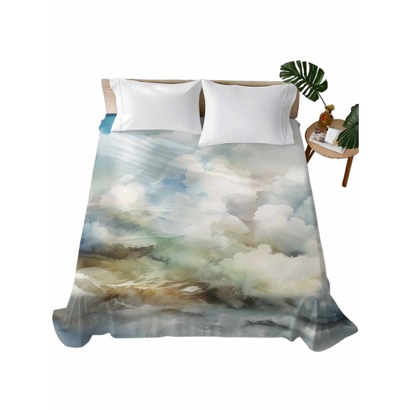 Twin Size Flat Sheet Only, Blue White Ombre Soft Brushed Microfiber Bed Sheets, Watercolor Cloud Geometric Abstract Art Hotel Quality Breathable Bedding Top Sheet, Easy Care, 66"x96"
