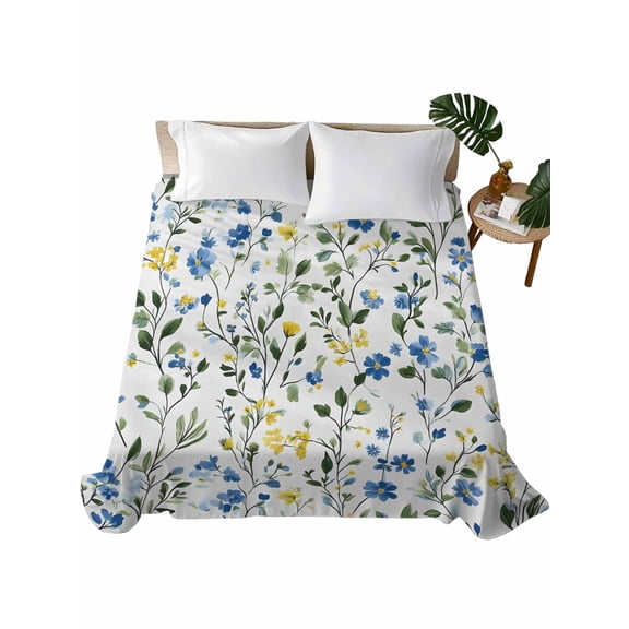 Twin Size Flat Sheet Only, Blue Yellow Floral Spring Soft Brushed Microfiber Bed Sheets, Summer Botanical Green Pastoral Hotel Quality Breathable Bedding Top Sheet, Easy Care, 66"x96"
