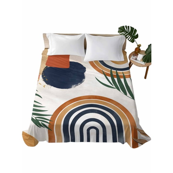 Twin Size Flat Sheet Only, Bohemian Nordic Soft Brushed Microfiber Bed Sheets, Abstract Art Coconut Palm Leaves Hotel Quality Breathable Bedding Top Sheet, Easy Care, 66"x96"