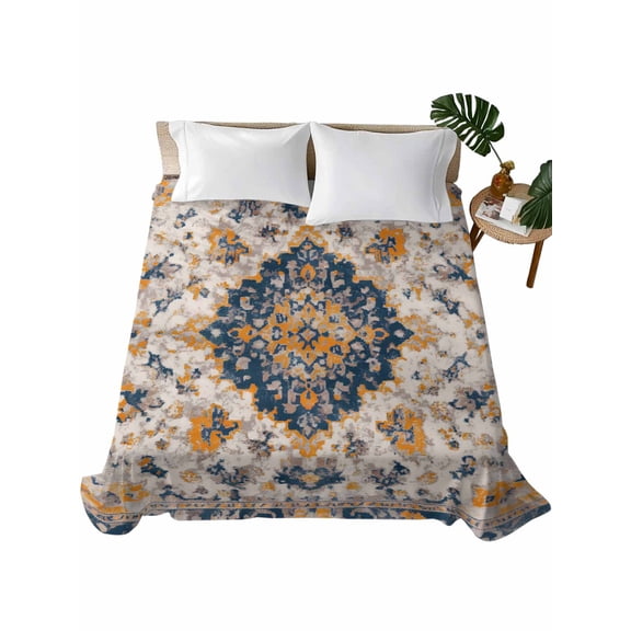 Twin Size Flat Sheet Only, Boho Chic Ethnic Soft Brushed Microfiber Bed Sheets, Orange Blue Vintage Tribes Hotel Quality Breathable Bedding Top Sheet, Easy Care, 66"x96"
