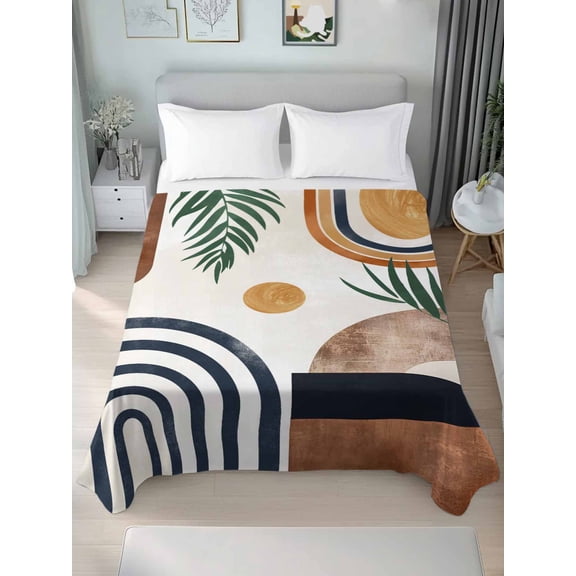 TwinSize Flat Sheet Only, Boho Middle Century Soft Brushed Microfiber Bed Sheets, Modern Abstract Botanical Geometric Hotel Quality Breathable Bedding Top Sheet, Easy Care, 66"x96"