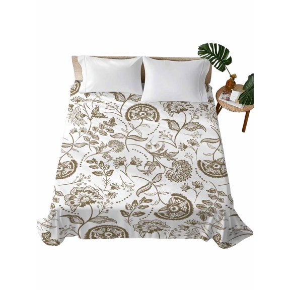 TwinSize Flat Sheet Only, Brown Farmhouse Soft Brushed Microfiber Bed Sheets, Floral Floral Plant Leaf Vintage Spring Hotel Quality Breathable Bedding Top Sheet, Easy Care, 66"x96"