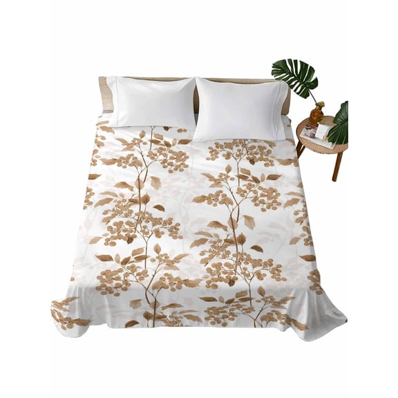Twin Size Flat Sheet Only, Brown Fruit Soft Brushed Microfiber Bed Sheets, Vintage Plant Nature Botanical Flower Hotel Quality Breathable Bedding Top Sheet, Easy Care, 66"x96"