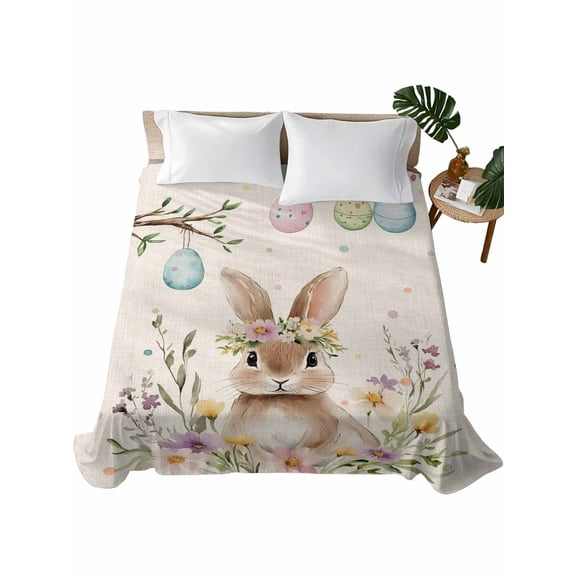 Twin Size Flat Sheet Only, Bunny Easter Soft Brushed Microfiber Bed Sheets, Colorful Eggs Spring Floral Rustic Hotel Quality Breathable Bedding Top Sheet, Easy Care, 66"x96"