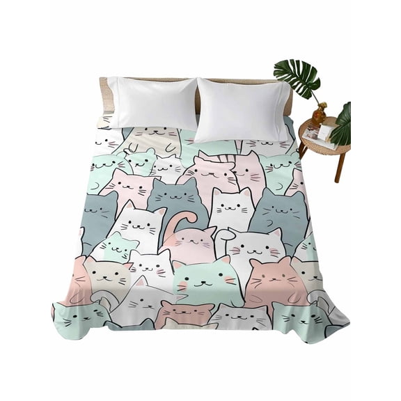 Twin Size Flat Sheet Only, Cartoon Cat Soft Brushed Microfiber Bed Sheets, Funny Cute Colorful Animal Pet Hotel Quality Breathable Bedding Top Sheet, Easy Care, 66"x96"