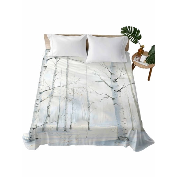 Twin Size Flat Sheet Only, Christmas Tree Soft Brushed Microfiber Bed Sheets, White Xmas Snowflake Watercolor Hotel Quality Breathable Bedding Top Sheet, Easy Care, 66"x96"