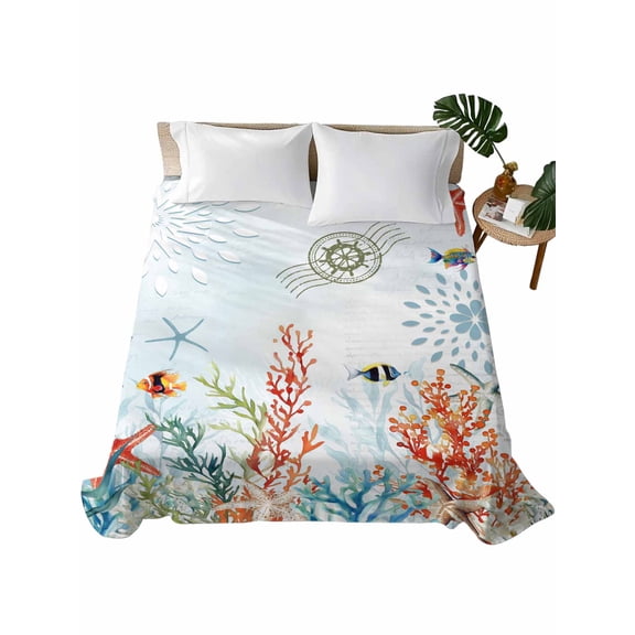Twin Size Flat Sheet Only, Coastal Blue Soft Brushed Microfiber Bed Sheets, Ocean Coral Starfish Shell Nautical Seagrass Hotel Quality Breathable Bedding Top Sheet, Easy Care, 66"x96"
