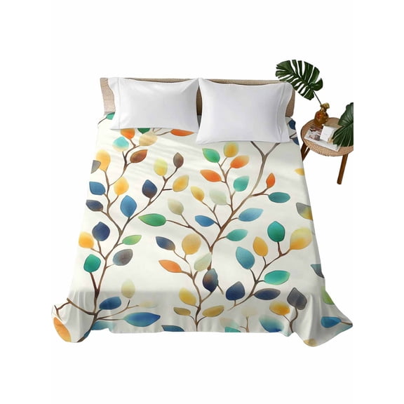 TwinSize Flat Sheet Only, Colorful Leaf Soft Brushed Microfiber Bed Sheets, Spring Vintage Botanical Summer Hotel Quality Breathable Bedding Top Sheet, Easy Care, 66"x96"