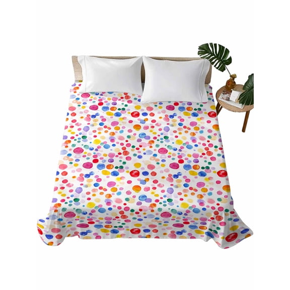 Twin Size Flat Sheet Only, Colorful Polka Dot Soft Brushed Microfiber Bed Sheets, Rainbow Watercolor Polka Dots Hotel Quality Breathable Bedding Top Sheet, Easy Care, 66"x96"