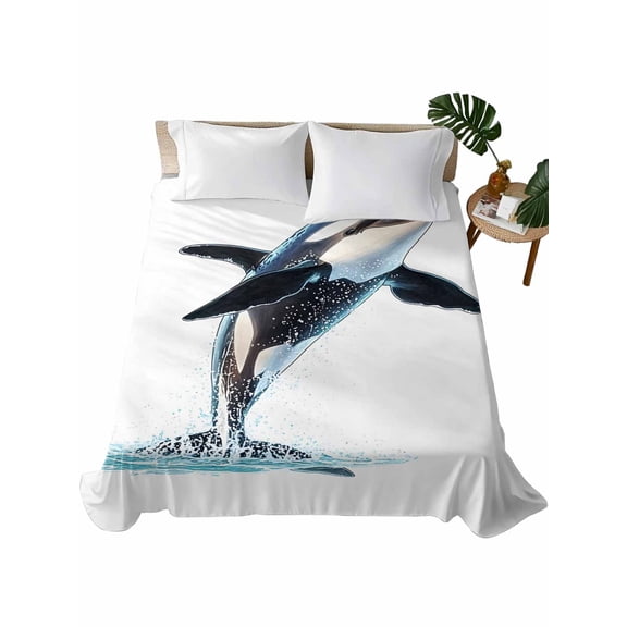 Twin Size Flat Sheet Only, Cute Killer Whale Soft Brushed Microfiber Bed Sheets, Orca Animal Ocean Retro Artwork Hotel Quality Breathable Bedding Top Sheet, Easy Care, 66"x96"