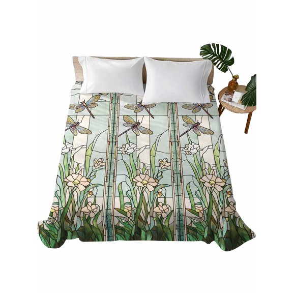TwinSize Flat Sheet Only, Dark Green Grass Soft Brushed Microfiber Bed Sheets, Flower Dragonfly Retro Pastoral Rustic Hotel Quality Breathable Bedding Top Sheet, Easy Care, 66"x96"