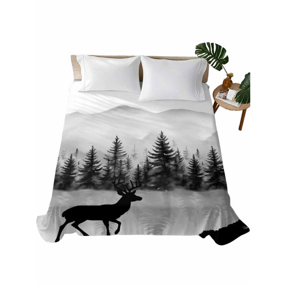 TwinSize Flat Sheet Only, Deer Forest Soft Brushed Microfiber Bed Sheets, Retro Country Trees Mountain Nature Scenery Hotel Quality Breathable Bedding Top Sheet, Easy Care, 66"x96"