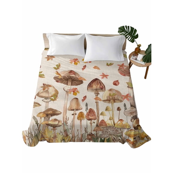 TwinSize Flat Sheet Only, Fall Mushroom Soft Brushed Microfiber Bed Sheets, Watercolor Maple Leaf Farmhouse Hotel Quality Breathable Bedding Top Sheet, Easy Care, 66"x96"