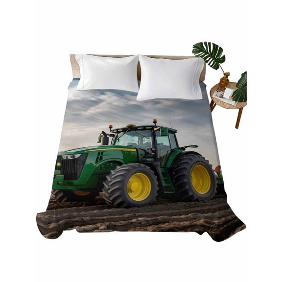 Twin XL Size Flat Sheet Only, Farm Tractor Soft Brushed Microfiber Bed Sheets, Green Truck Country Rustic Field Harvester Hotel Quality Breathable Bedding Top Sheet, Easy Care, 66"x96"