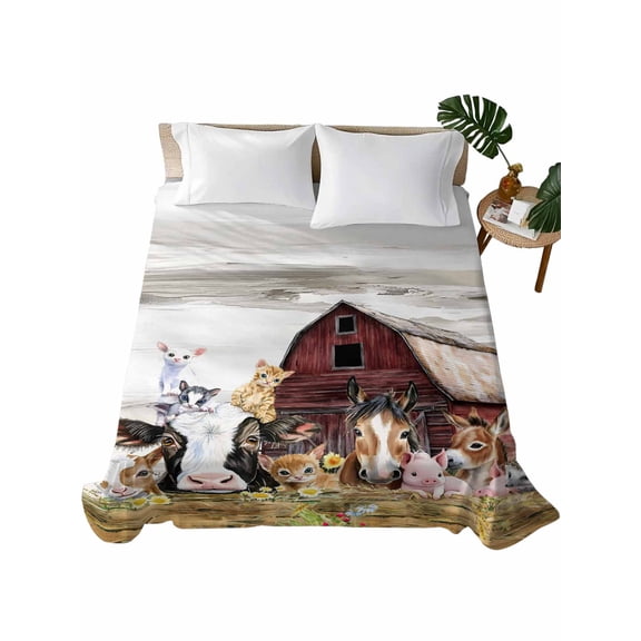 Twin XL Size Flat Sheet Only, Farmhouse Animals Soft Brushed Microfiber Bed Sheets, Cow Pig in Fence Retro Wood Barn Hotel Quality Breathable Bedding Top Sheet, Easy Care, 66"x96"