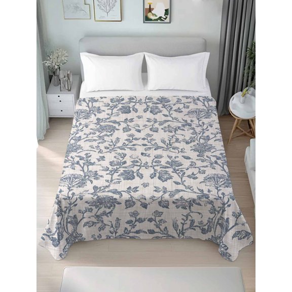 Twin XL Size Flat Sheet Only, Farmhouse Blue Floral Soft Brushed Microfiber Bed Sheets, Vintage Botanical Leaves Burlap Hotel Quality Breathable Bedding Top Sheet, Easy Care, 66"x96"