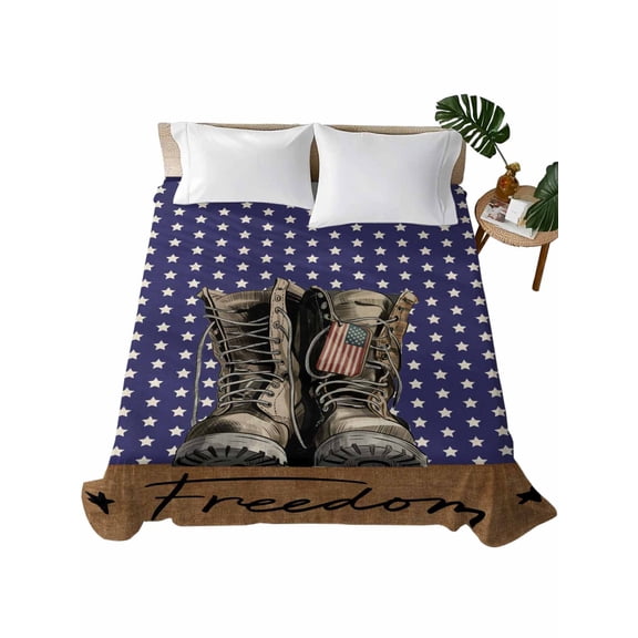 Twin Size Flat Sheet Only, Freedom Boots Soft Brushed Microfiber Bed Sheets, Independence Star Striped Vintage Hotel Quality Breathable Bedding Top Sheet, Easy Care, 66"x96"