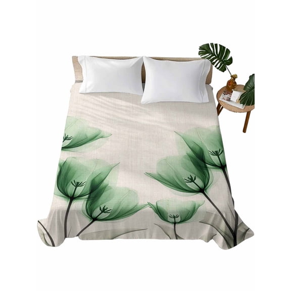 Twin XL Size Flat Sheet Only, Green Floral Soft Brushed Microfiber Bed Sheets, Elegant Tulip Vintage Wildflower Plant Hotel Quality Breathable Bedding Top Sheet, Easy Care, 66"x96"