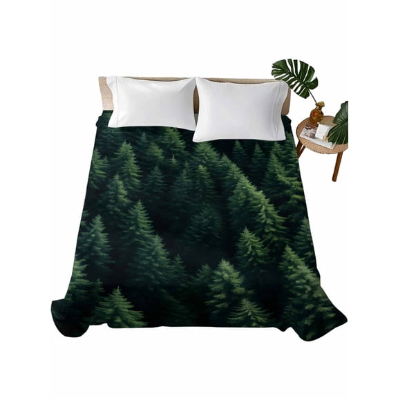 TwinSize Flat Sheet Only, Green Forest Soft Brushed Microfiber Bed Sheets, Modern Pine Trees Mysterious Art Hotel Quality Breathable Bedding Top Sheet, Easy Care, 66"x96"