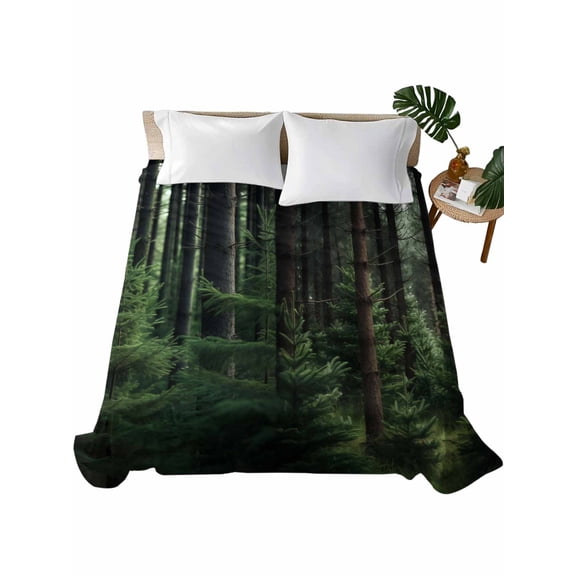 Twin Size Flat Sheet Only, Green Forest Soft Brushed Microfiber Bed Sheets, Mysterious Primitive Forest Pine Tree Hotel Quality Breathable Bedding Top Sheet, Easy Care, 66"x96"