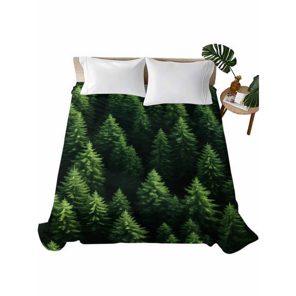 TwinSize Flat Sheet Only, Green Forest Soft Brushed Microfiber Bed Sheets, Pine Trees Modern Mysterious Art Hotel Quality Breathable Bedding Top Sheet, Easy Care, 66"x96"