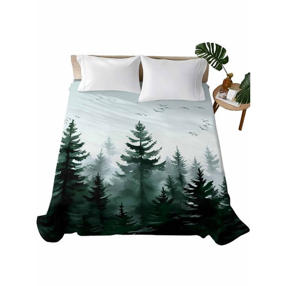 Twin Size Flat Sheet Only, Green Mist Forest Soft Brushed Microfiber Bed Sheets, Farmhouse Trees Nature Landscape Hotel Quality Breathable Bedding Top Sheet, Easy Care, 66"x96"