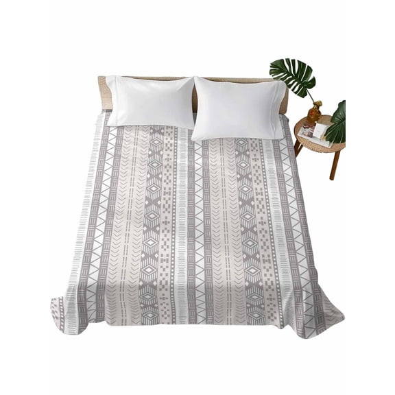 Twin Size Flat Sheet Only, Grey Beige Geometric Soft Brushed Microfiber Bed Sheets, Modern Abstract Art Striped Hotel Quality Breathable Bedding Top Sheet, Easy Care, 66"x96"