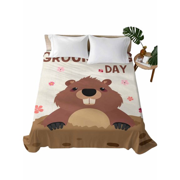 Twin Size Flat Sheet Only, Groundhog Day Soft Brushed Microfiber Bed Sheets, Pink Cherry Blossom Cartoon Animals Vintage Hotel Quality Breathable Bedding Top Sheet, Easy Care, 66"x96"